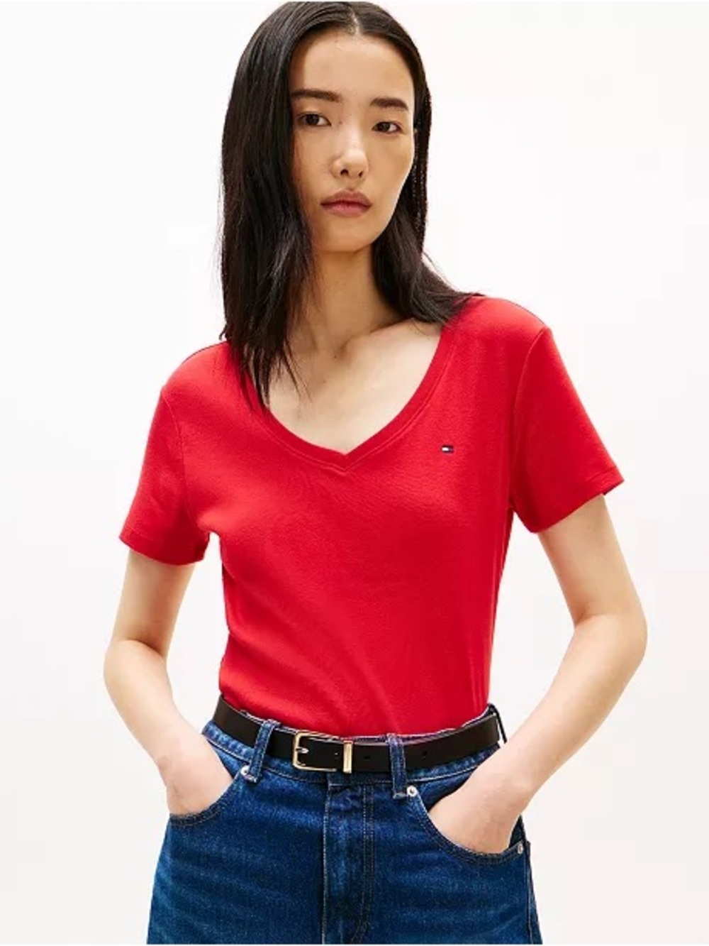 Tommy Hilfiger Red V-Neck Short Sleeve Tee Sz M